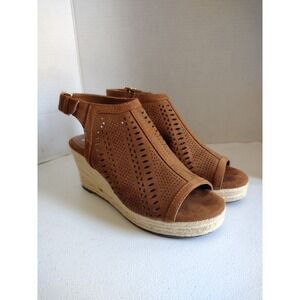 Liz Claiborne Women Brown Suede Laser Cut Wedge Espadrille Sandals 7.5M